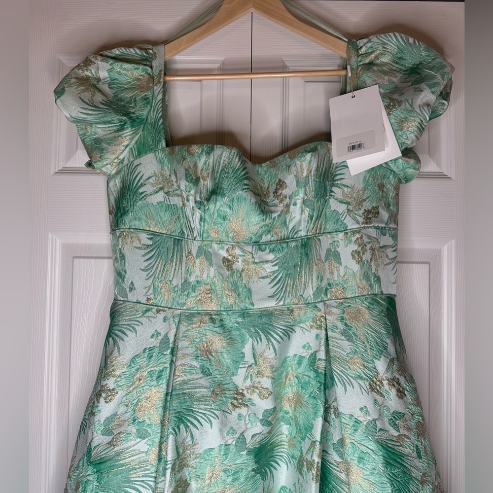 NWT MAC DUGGAL # 68276 Floral Print Puff Sleeve High Low Brocade Gown Size 14 - Picture 5 of 10